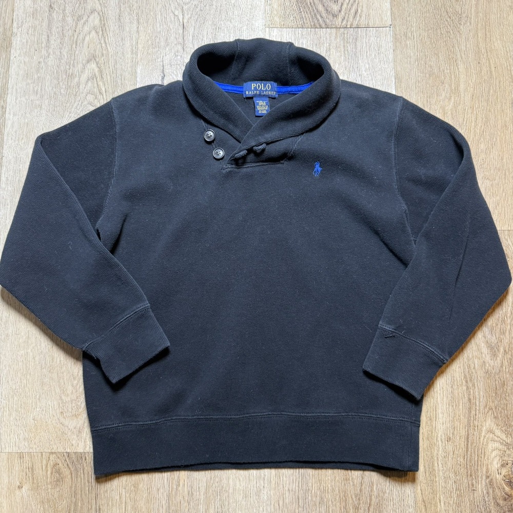 Polo Ralph Lauren Sweater Boys‎ Medium Black Blue Logo Shawl Collar Knit